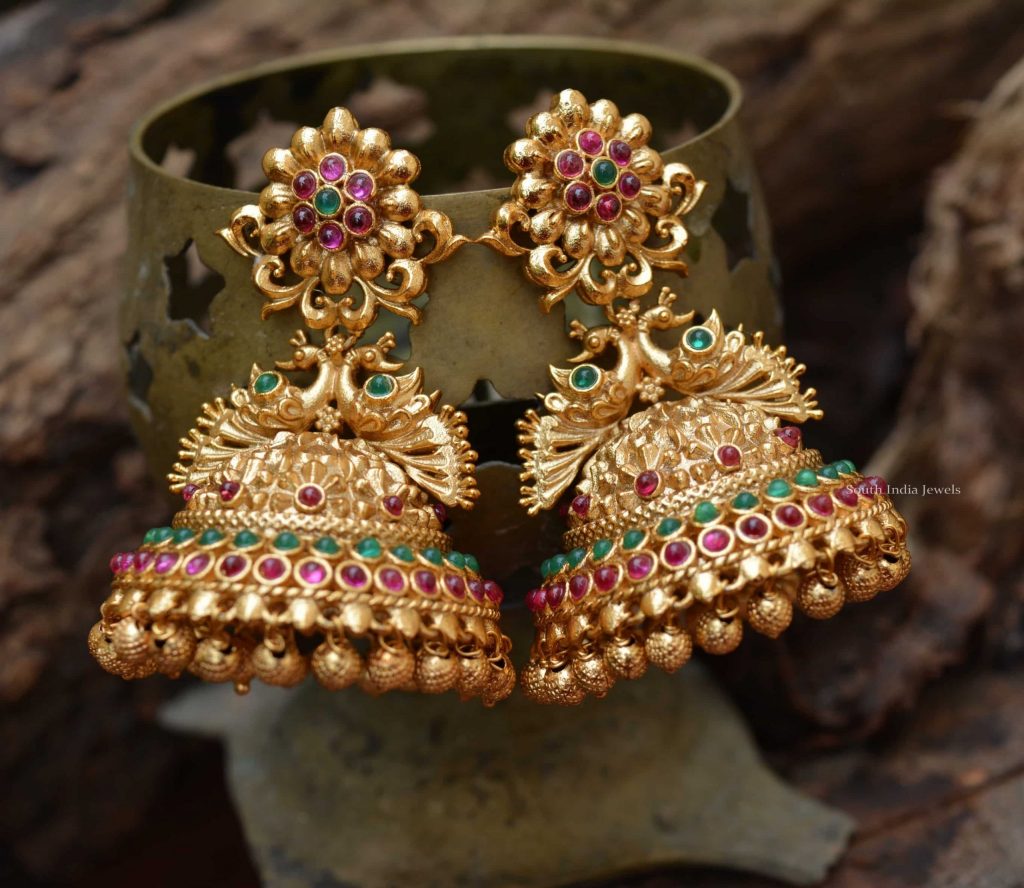 Temple Peacock Jhumka With Red & Green Stones - South India Jewels