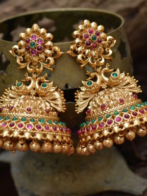 Temple Peacock Jhumka With Red & Green Stones-02