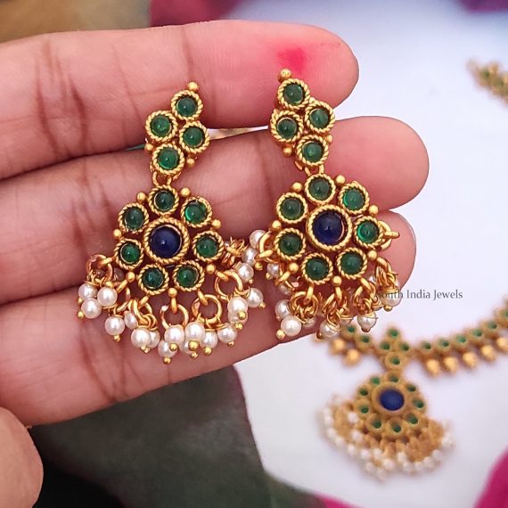 Unique Green & Blue Stone Attigai Necklace - South India Jewels