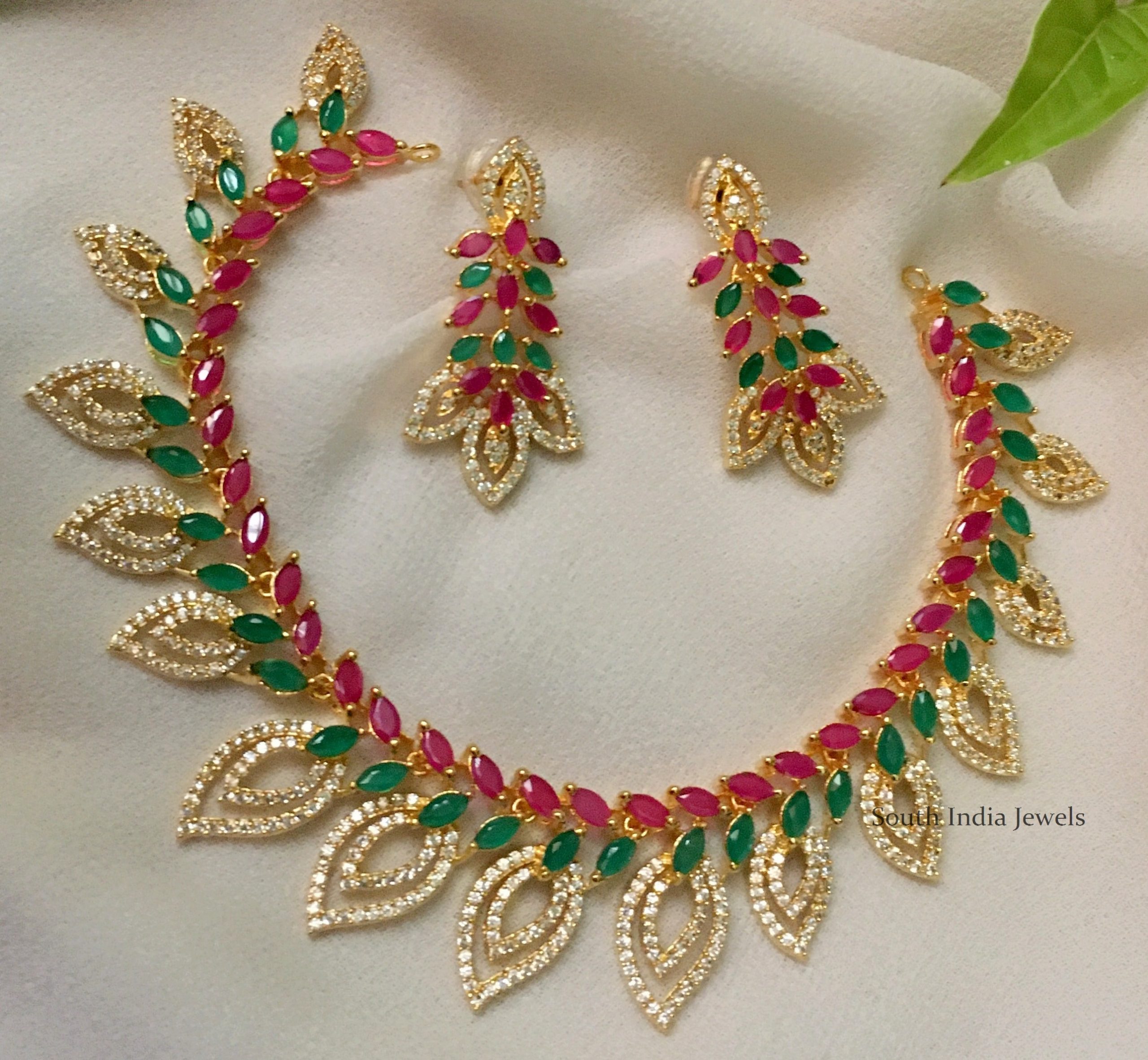 Beautiful Leaf Design Multi Stone Necklace