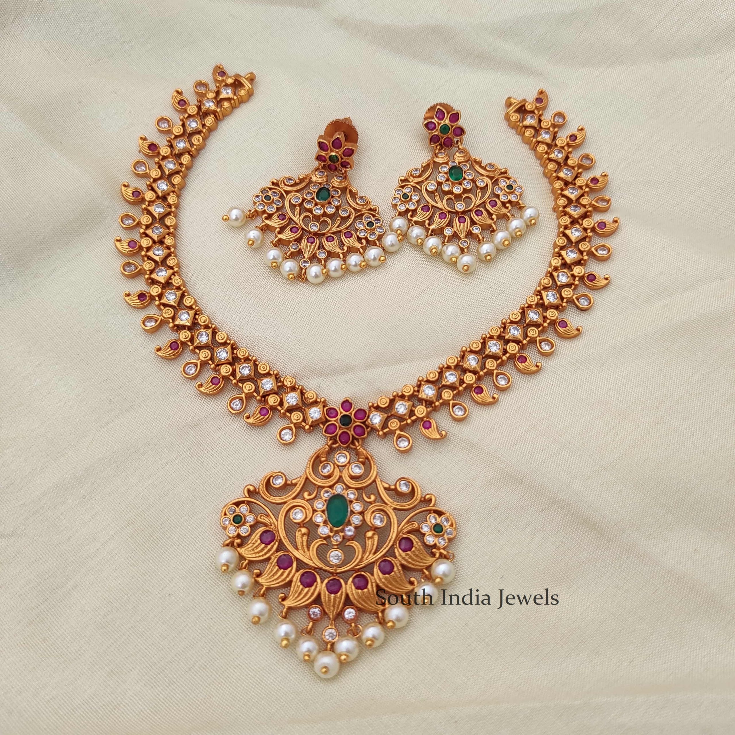 Shop Rubans Gold Plated Green  White Stone Studded American Diamond  Necklace Set Online at Rubans