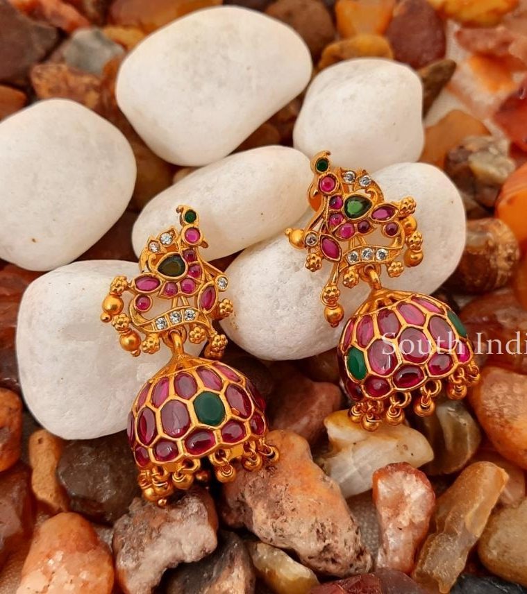 Peacock Design Kemp Stones Jhumkas