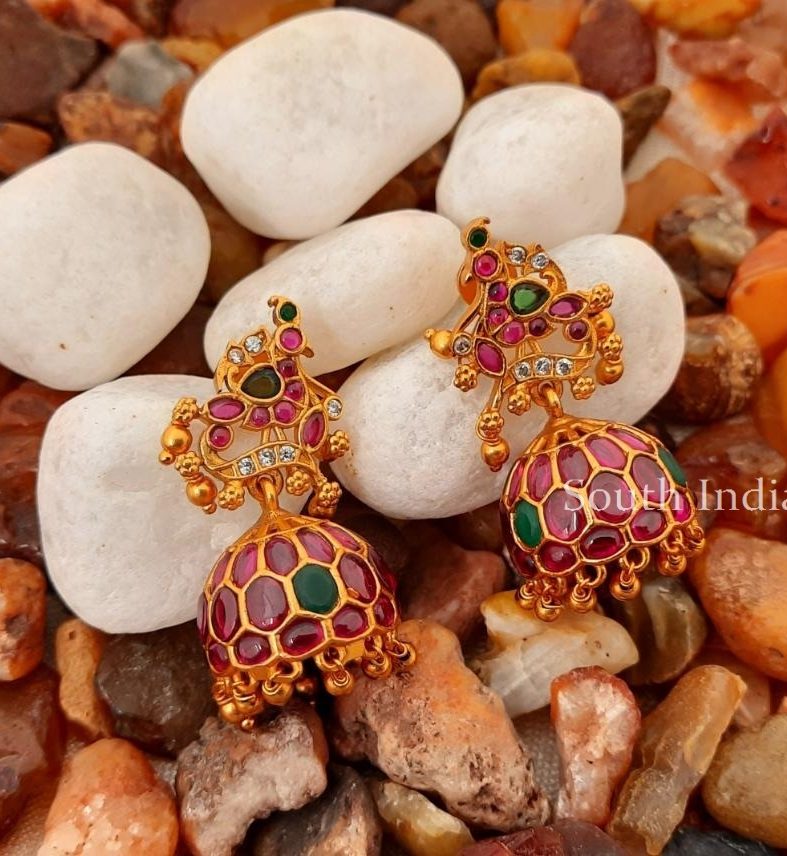 Peacock Design Kemp Stones Jhumkas