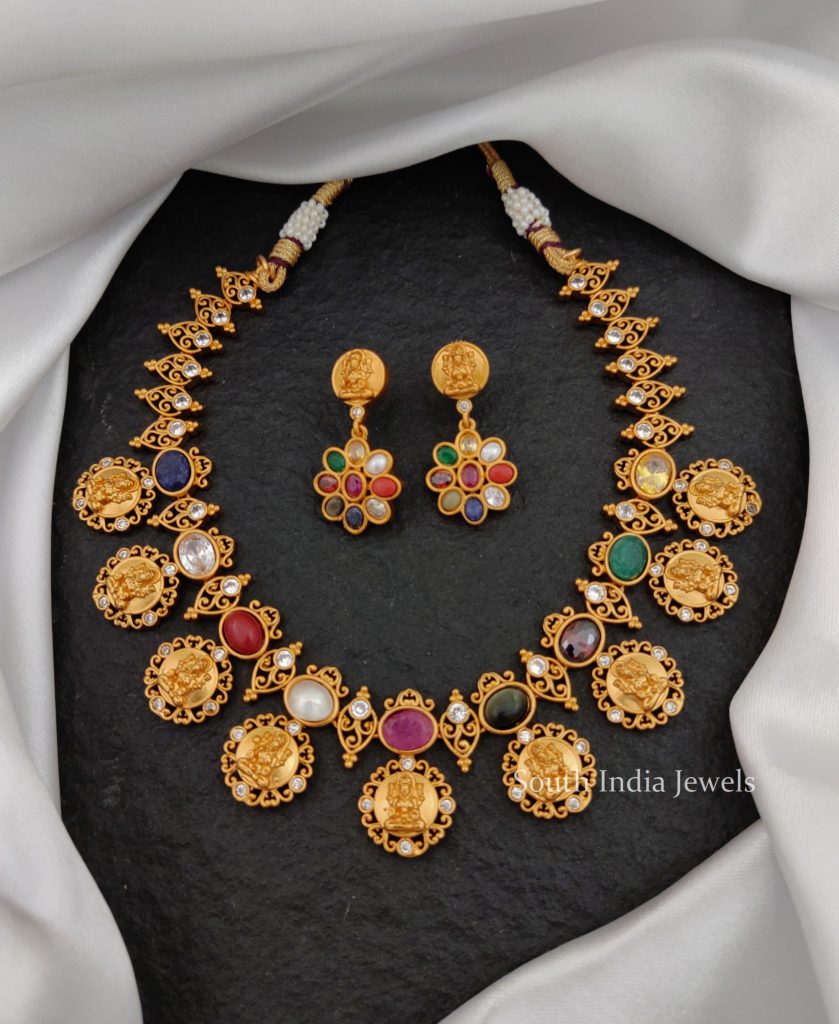 Beautiful Temple Navarathna Necklace - South India Jewels