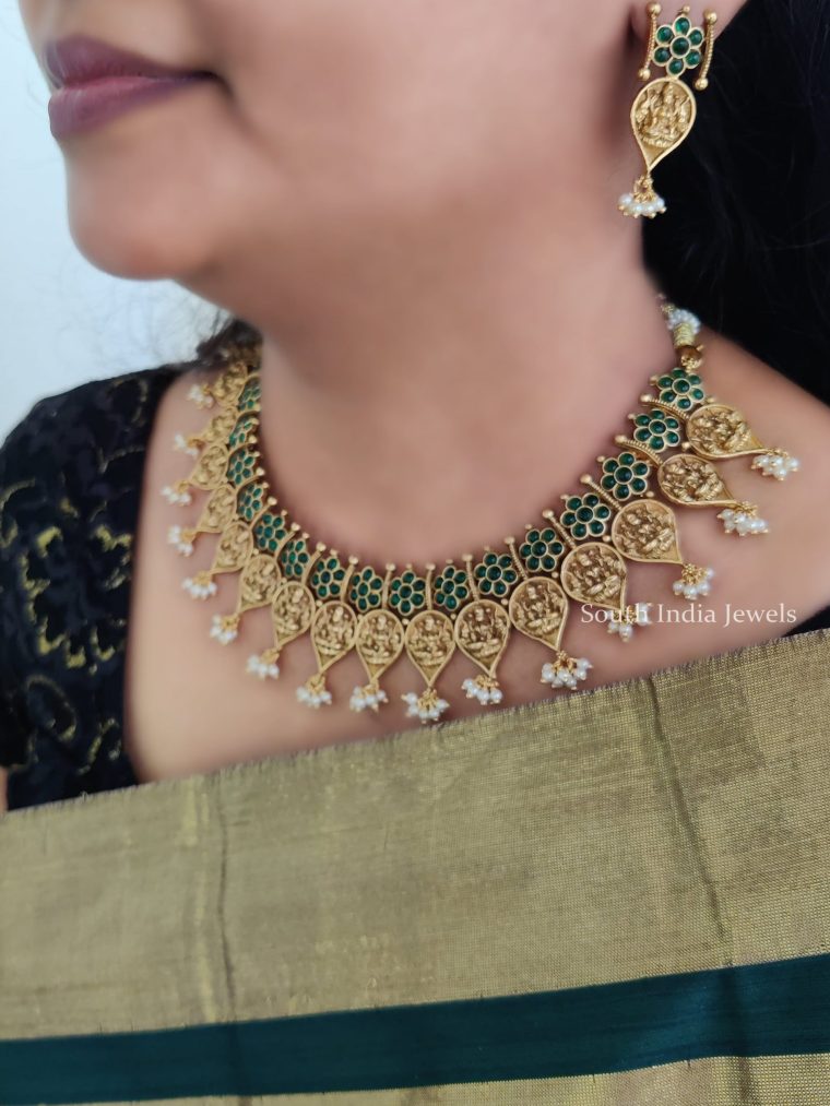 Classic Green Stone Studded Lakshmi Necklace-01
