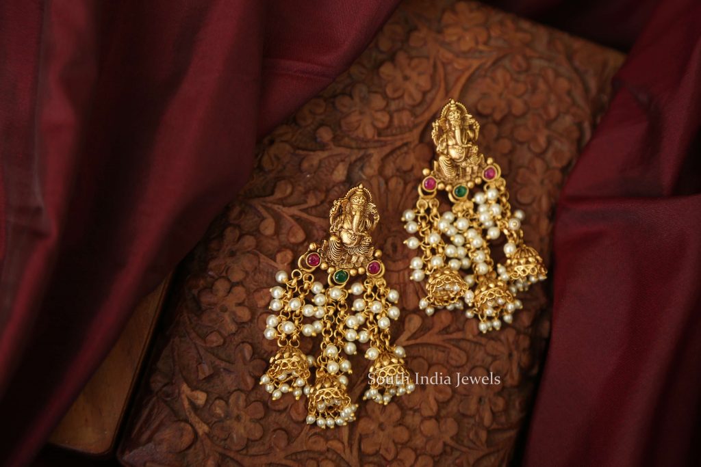 Designer Fine Quality Ganesh Pearl Earrings - South India Jewels