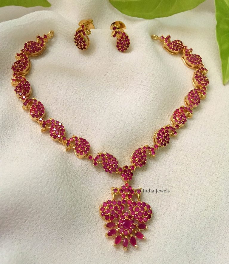 Elegant Peacock Design Ruby Necklace - South India Jewel