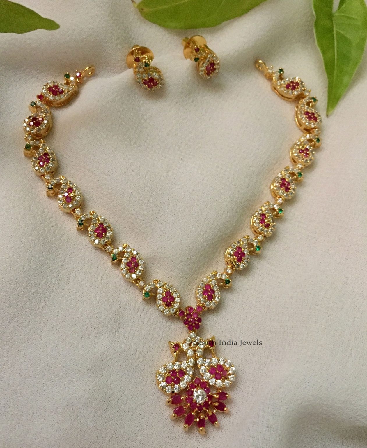 Elegant Peacock Design Ruby Necklace - South India Jewel