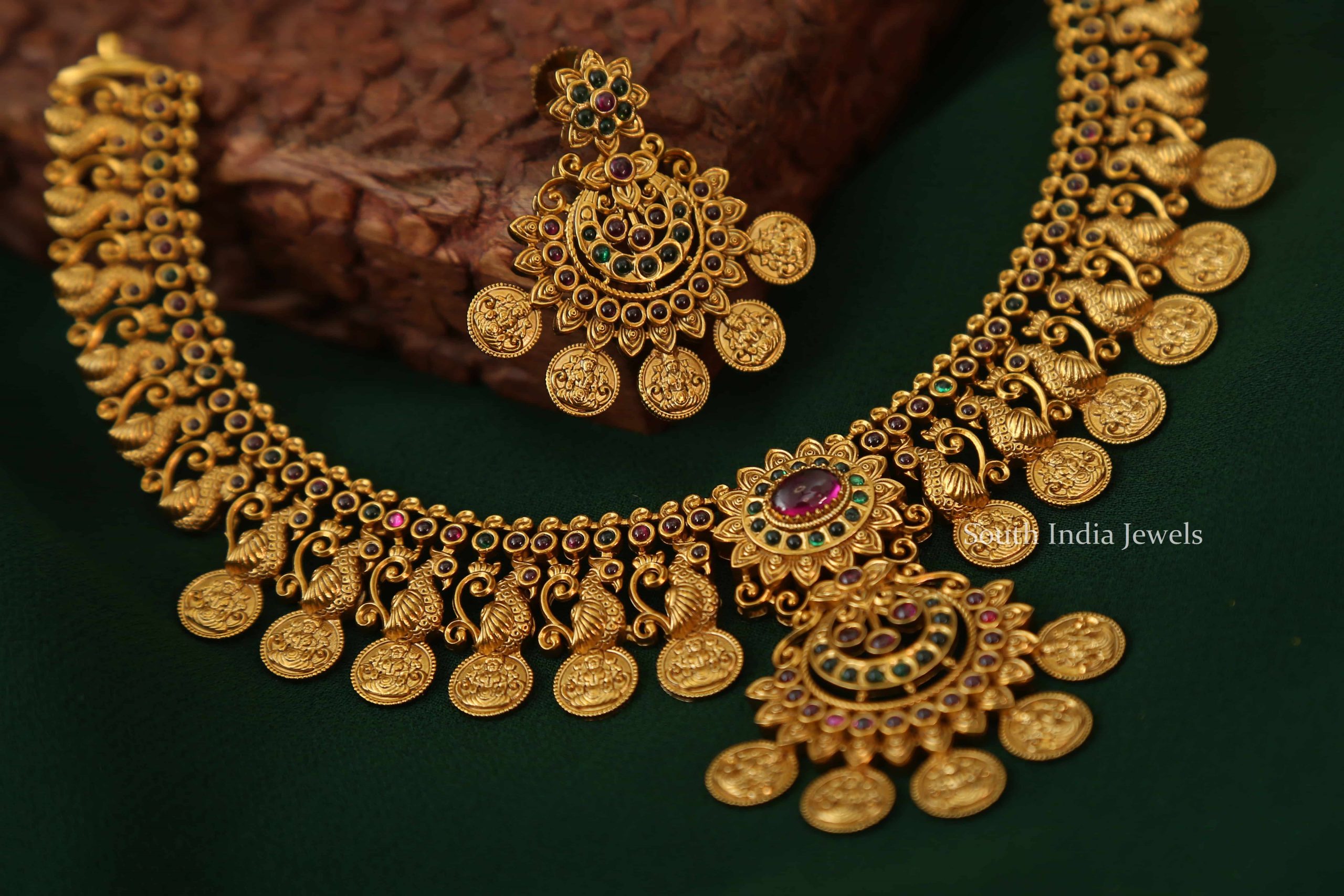 Peacock Design Lakshmi Coin Necklace - South India Jewels