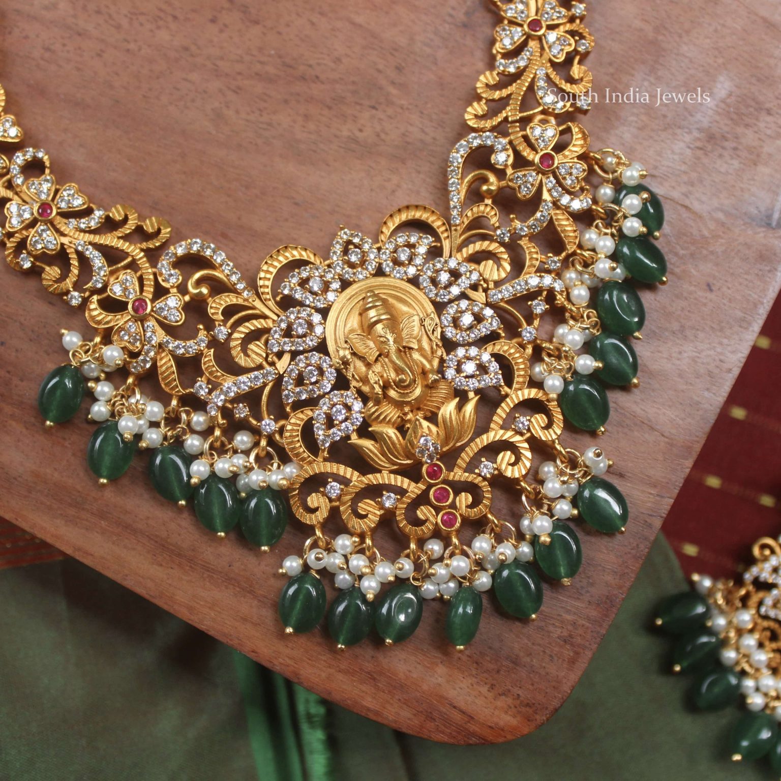 Traditional Emerald Beads Ganesha Necklace - South India Jewels