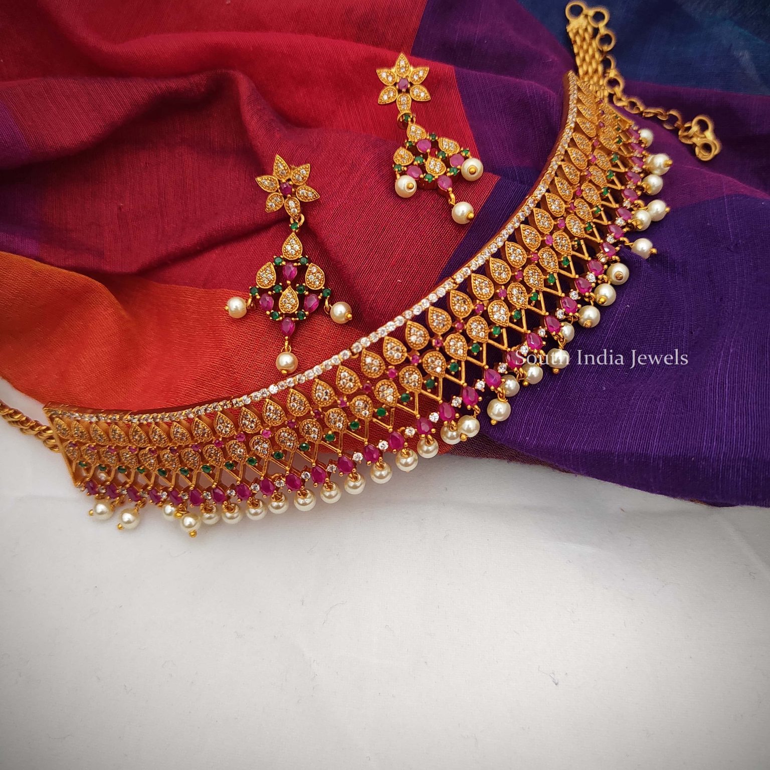 Traditional Flower Design Choker - South India Jewels