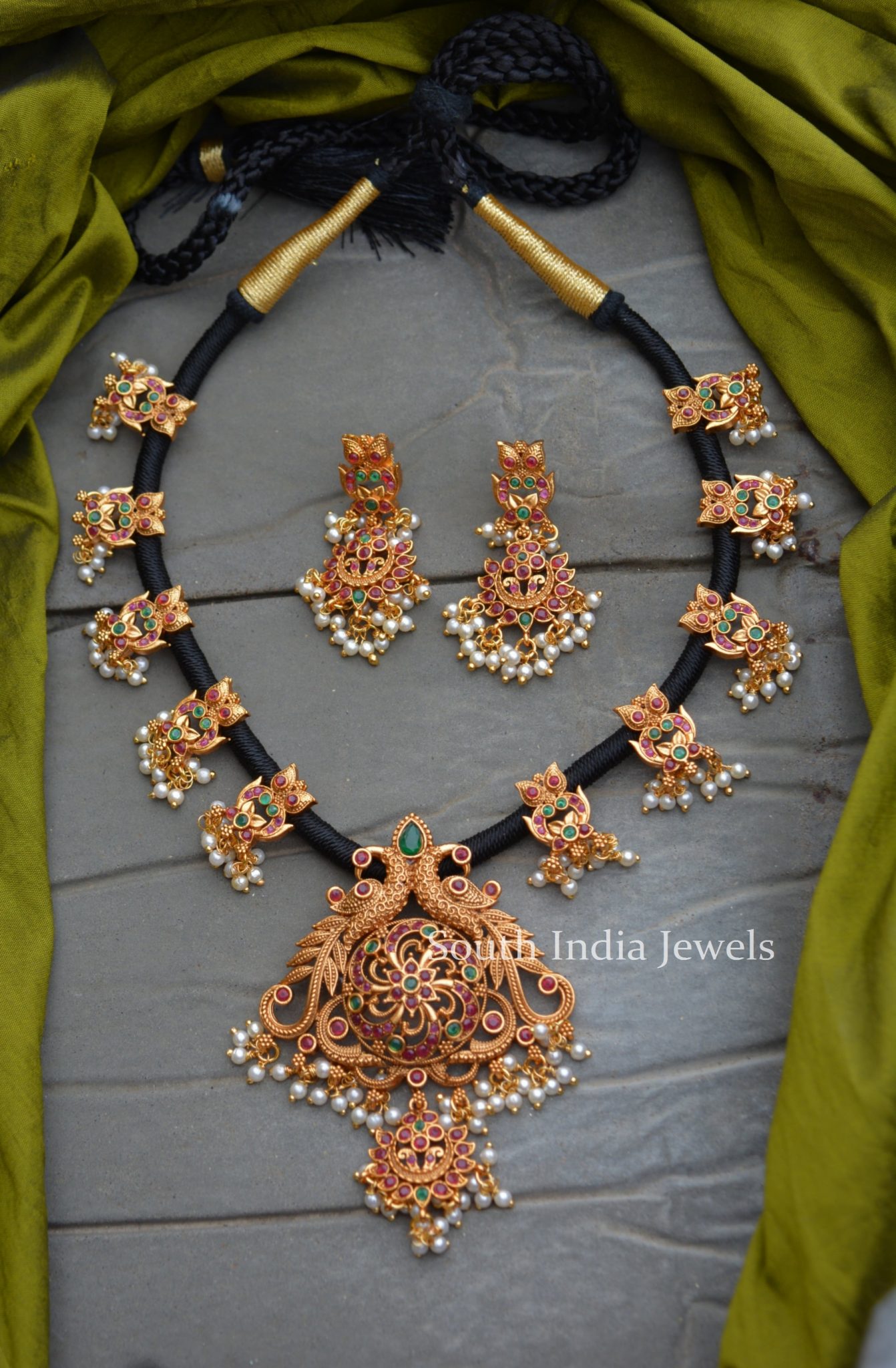 Unique Black Thread Peacock Design Necklace - South India Jewels