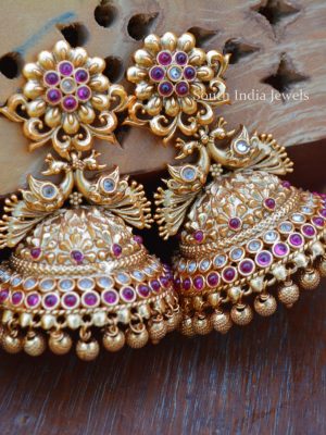 Alluring Gold Bead Peacock Jhumkas