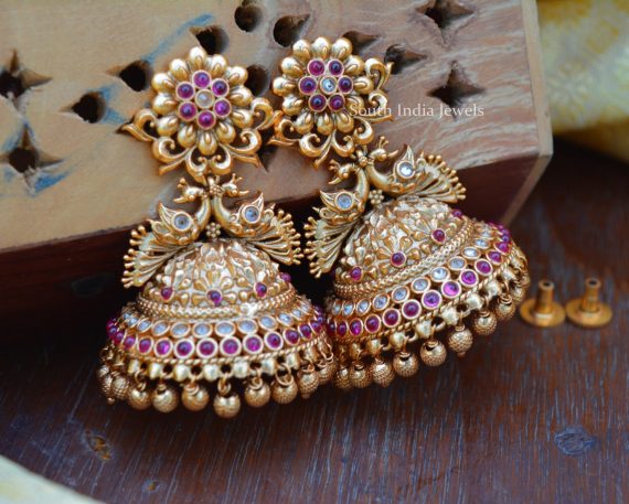 Alluring Gold Bead Peacock Jhumkas - South India Jewels