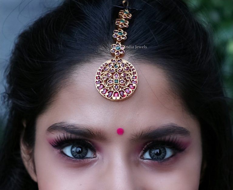 Unique Ruby and Green Maang Tilak - South India jewels