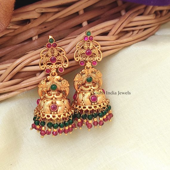 Elegant Double Peacock Beaded Jhumka - South India Jewels