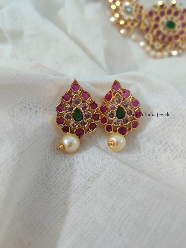 Simple Multi Stone Choker and Earrings - South India Jewels