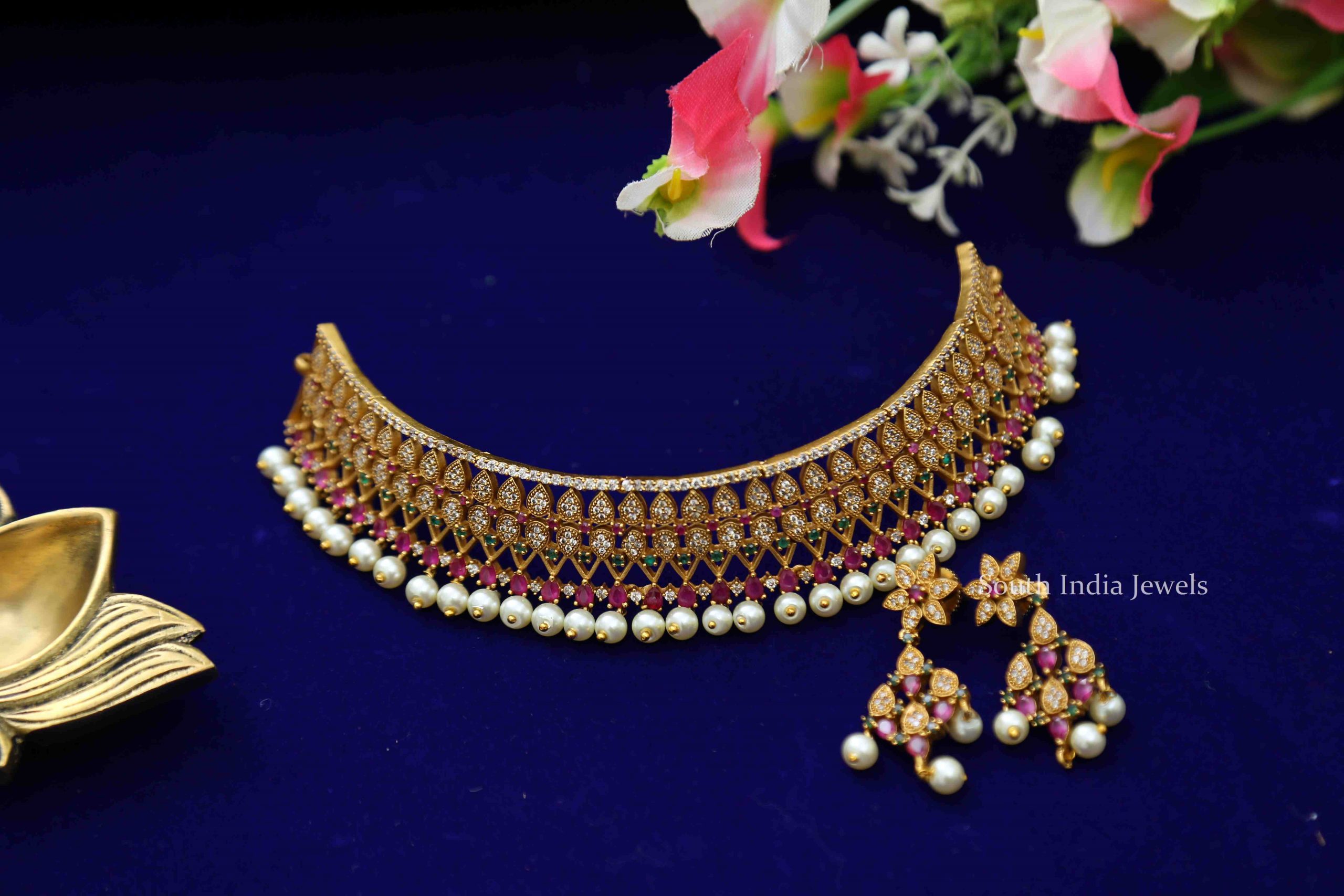 Stunning Multi Stone Choker and Earrings - South India Jewels