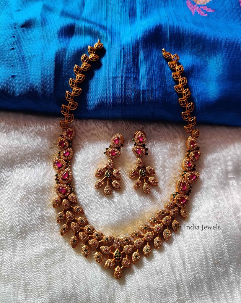 Leaf Design Necklace | Multi Stone Necklace - South India Jewels