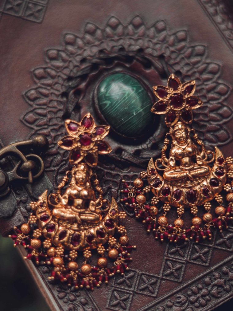 Flower Design Ruby Stone Temple Earrings