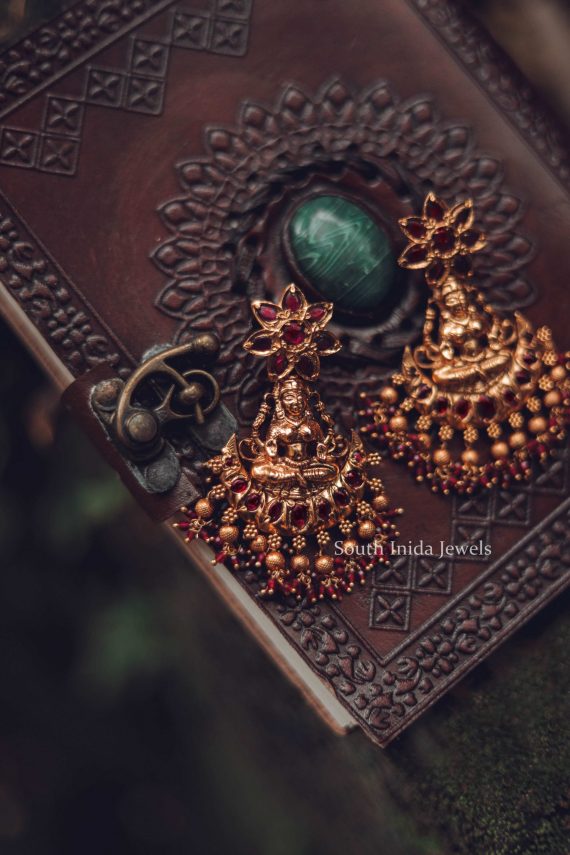 Flower Design Ruby Stone Temple Earrings