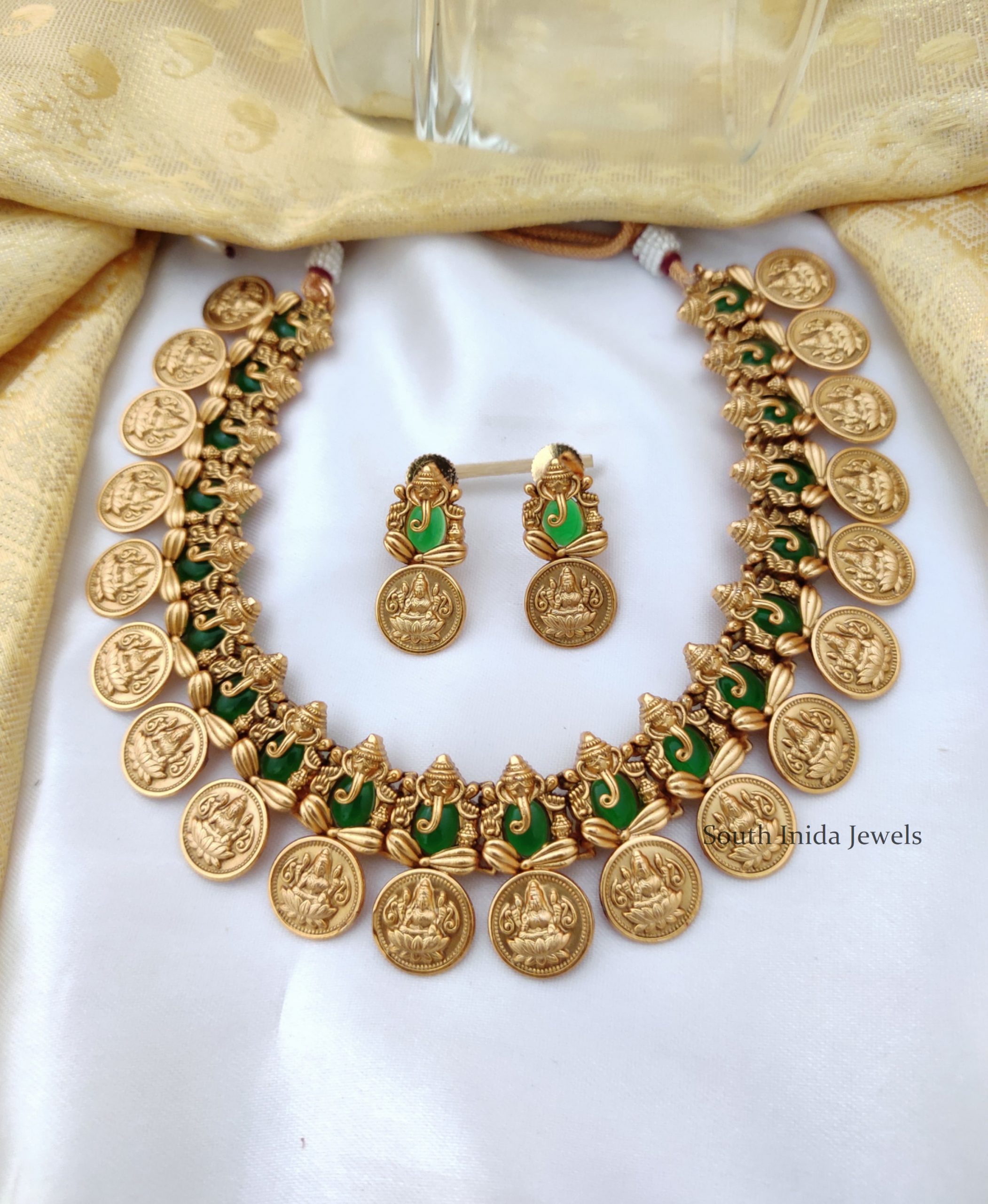 Green Ganesha and Lakshmi Coin Necklace
