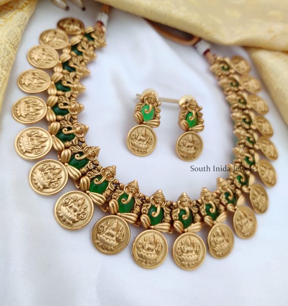 Green Ganesha and Lakshmi Coin Necklace