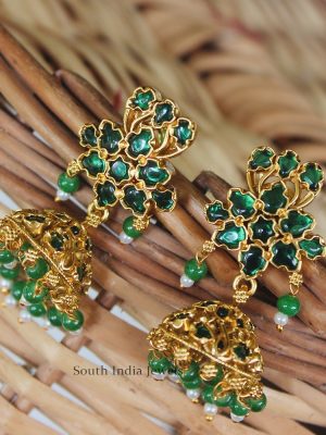 Matte Finish Green Kemp Jhumkas