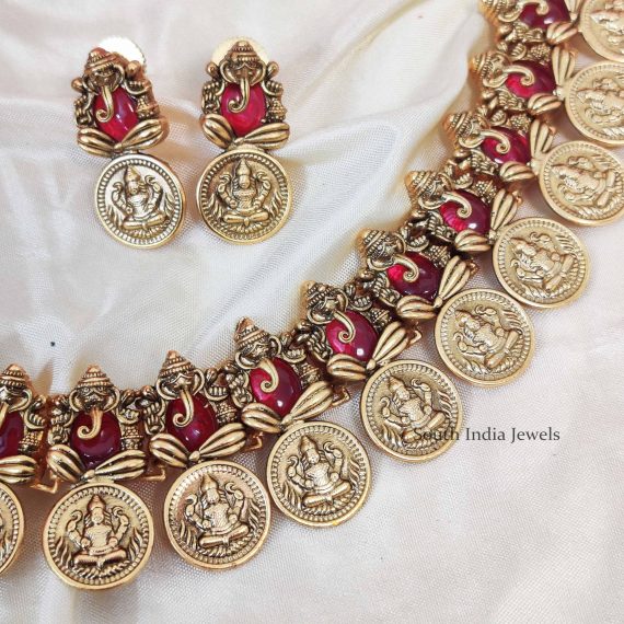Pretty Lakshmi Ganesh Pink Stone Necklace (2)