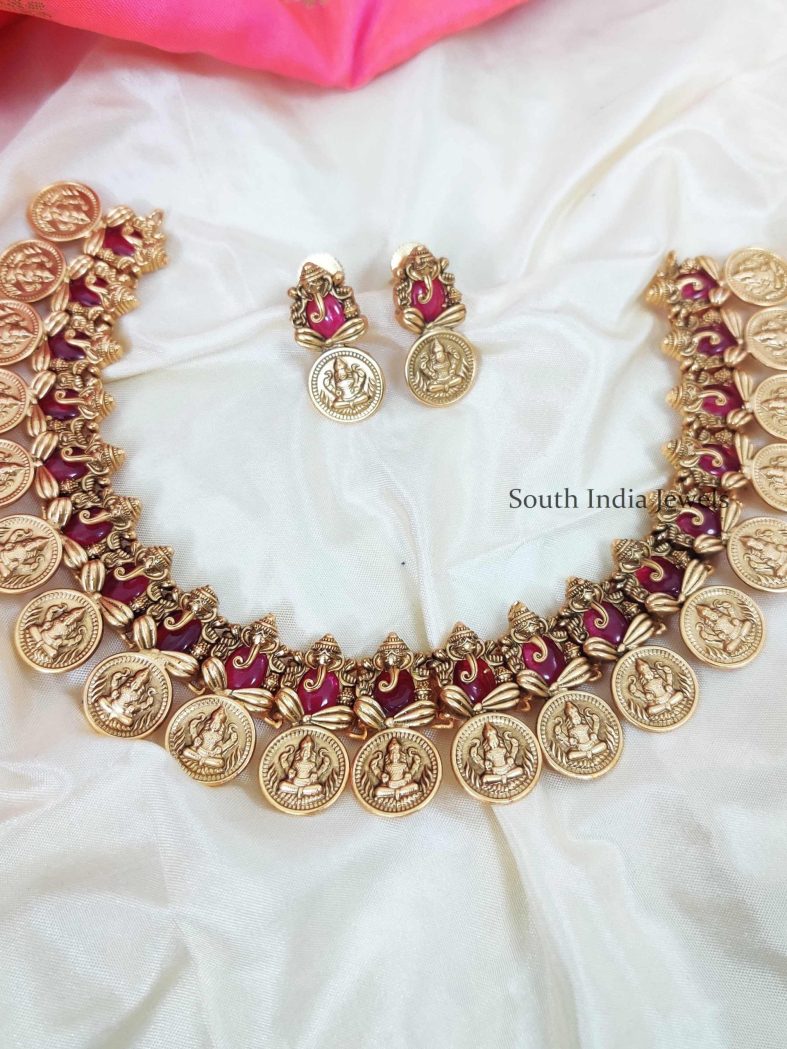 Pretty Lakshmi Ganesh Pink Stone Necklace