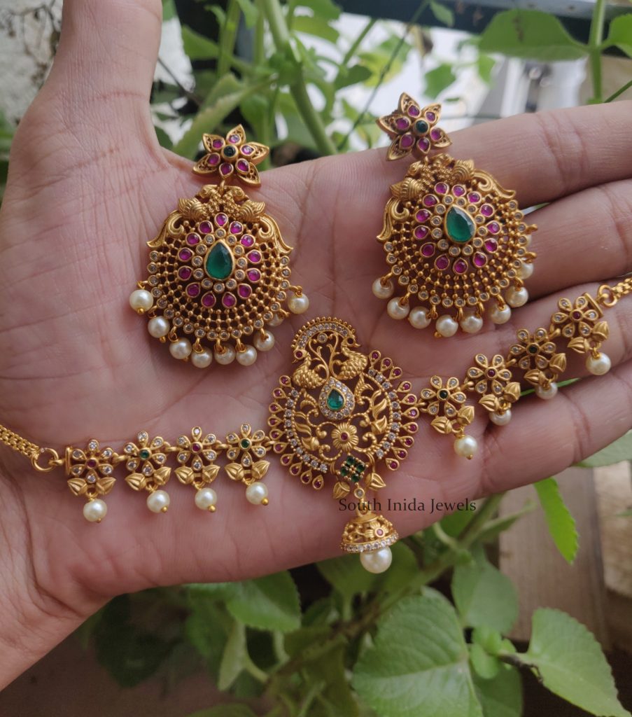 Beautiful Red & Green Peacock Choker - South India Jewels