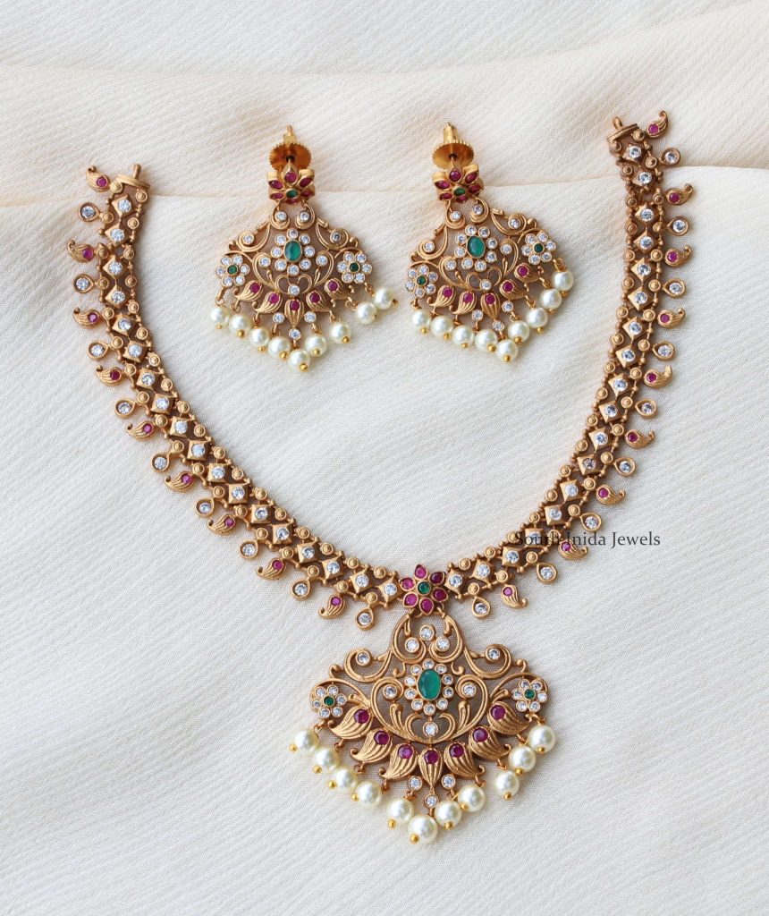 Traditional Ruby Green Floral Design Necklace - South India Jewels