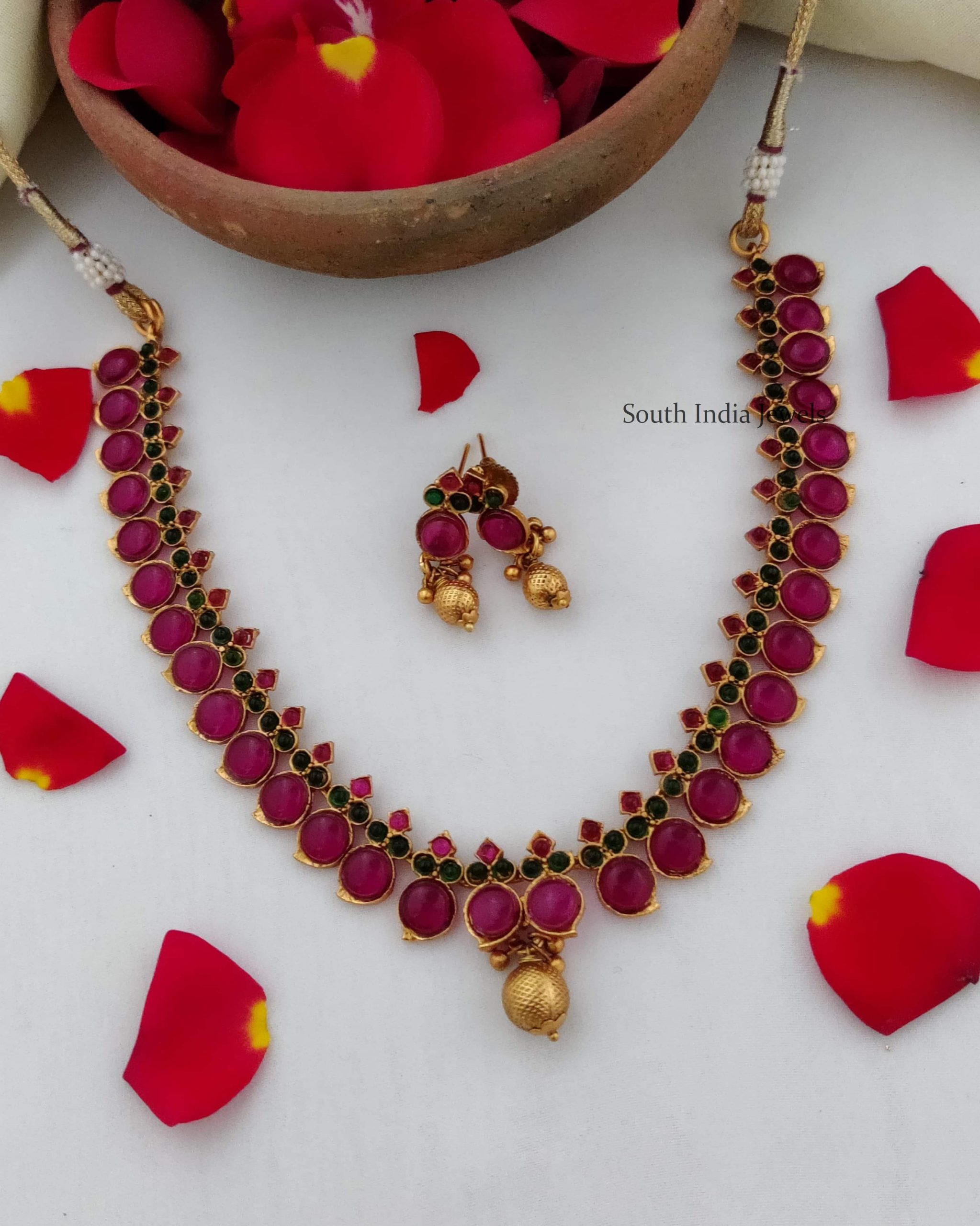 Traditional Kemp & Green Necklace - South India Jewels
