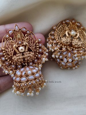 Beautiful White Stone Peacock Jhumkas (2)