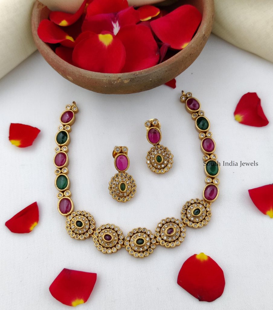 Cute Kemp and Green Stone Necklace - South India Jewels