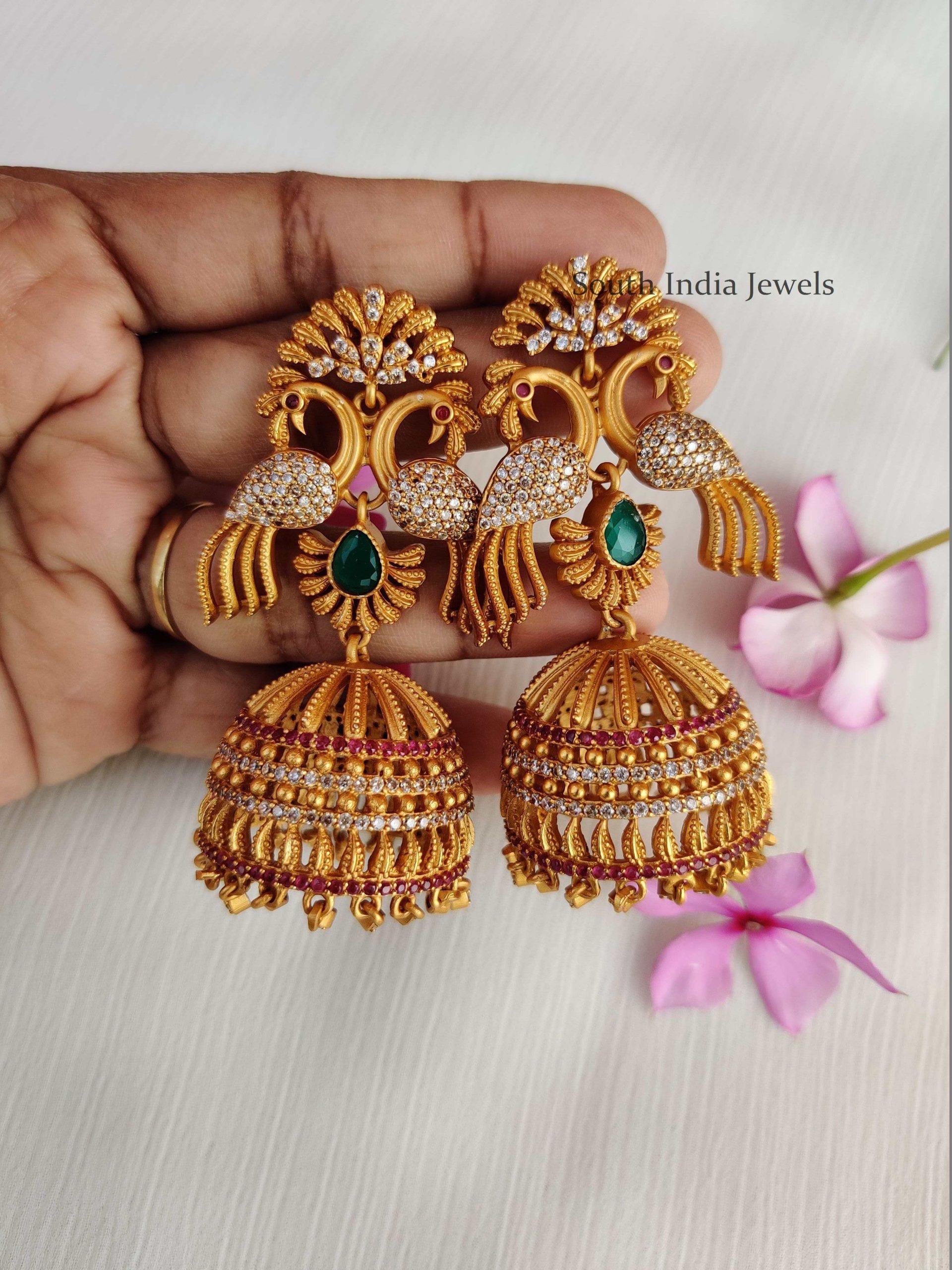 Grand Peacock Design Jhumkas - South India Jewels