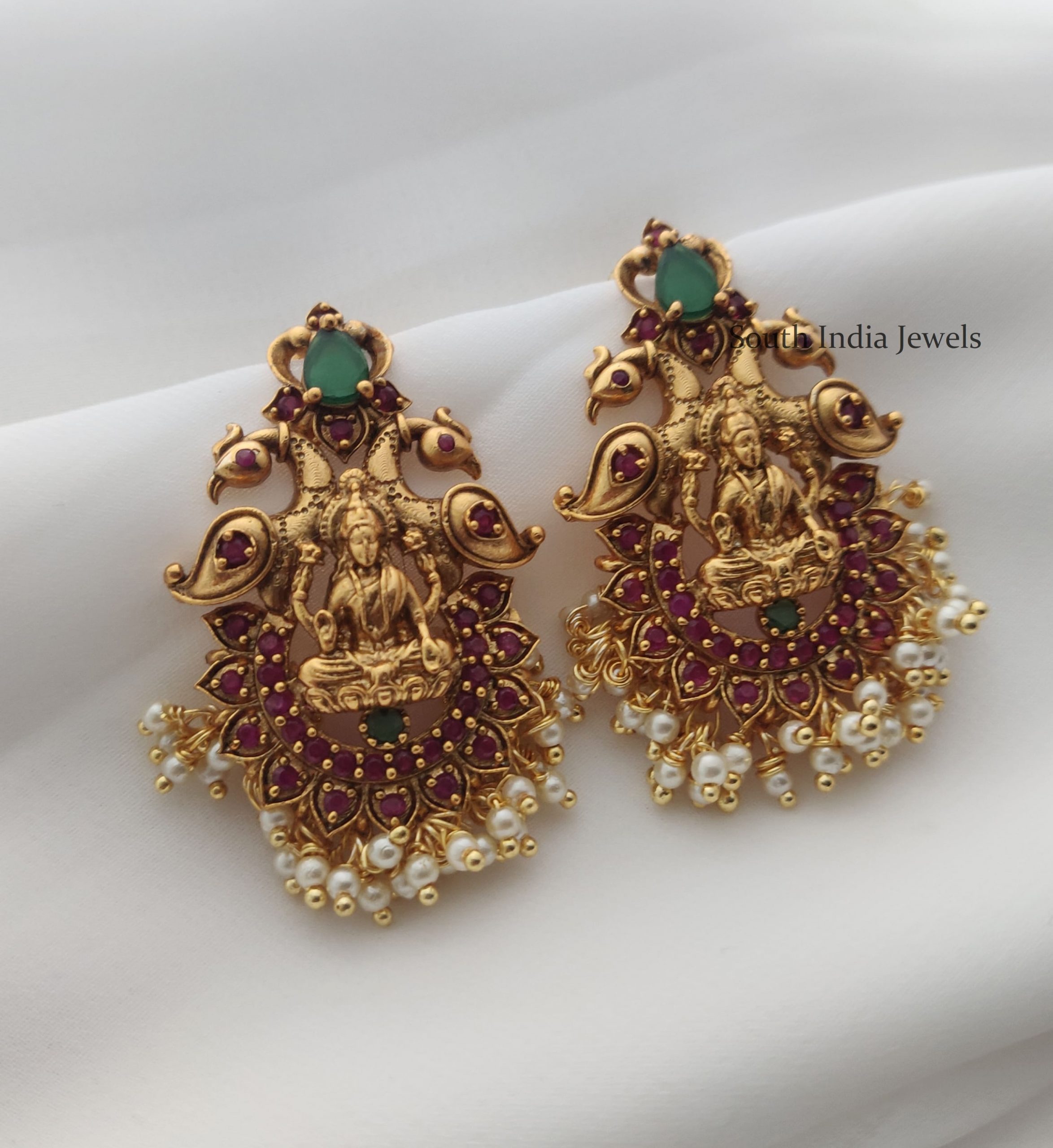 Traditional Ruby & Green Lakshmi Peacock Earrings