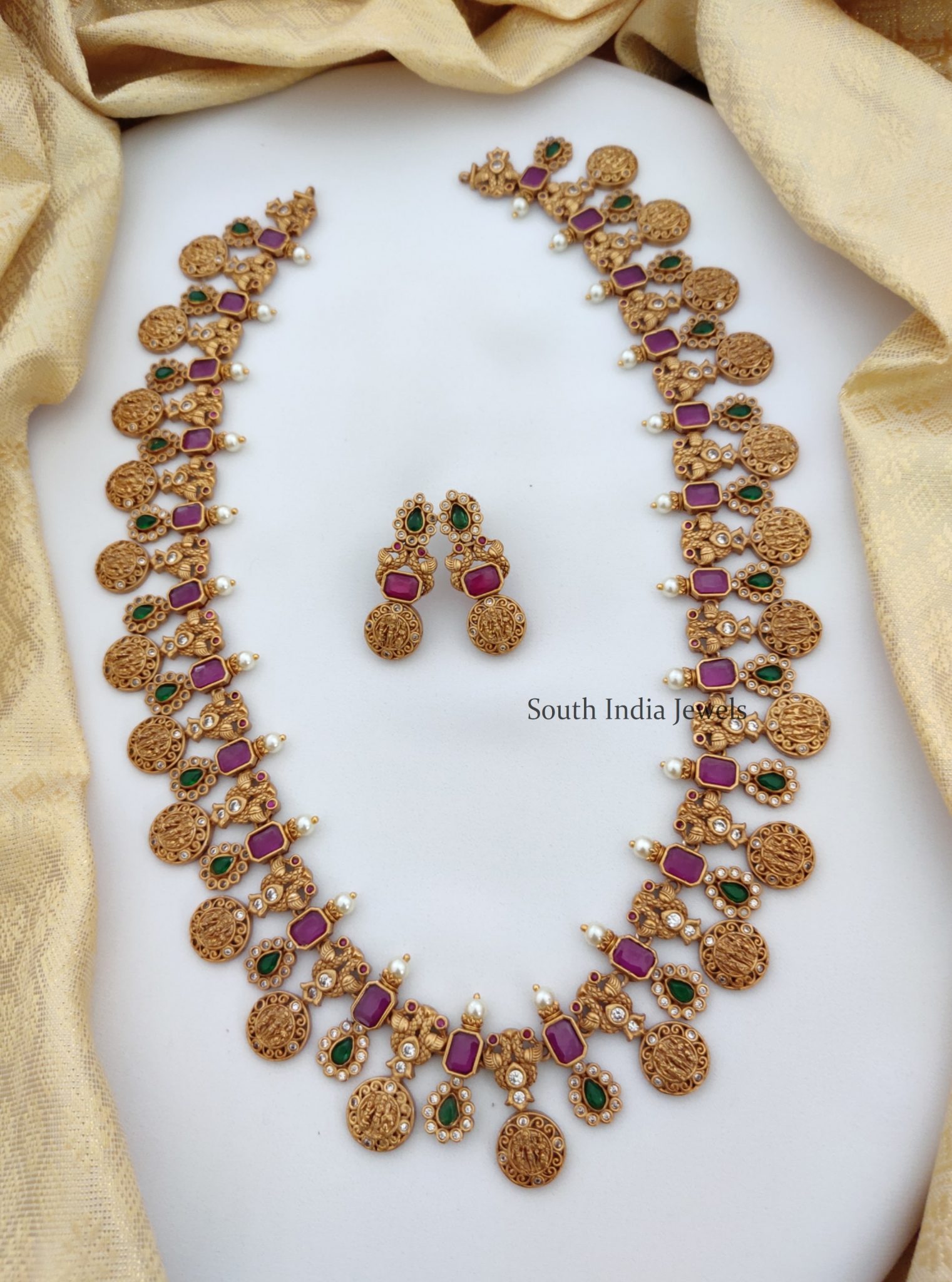 Traditional Ruby & Green Ram Parivar Haram - South India Jewels