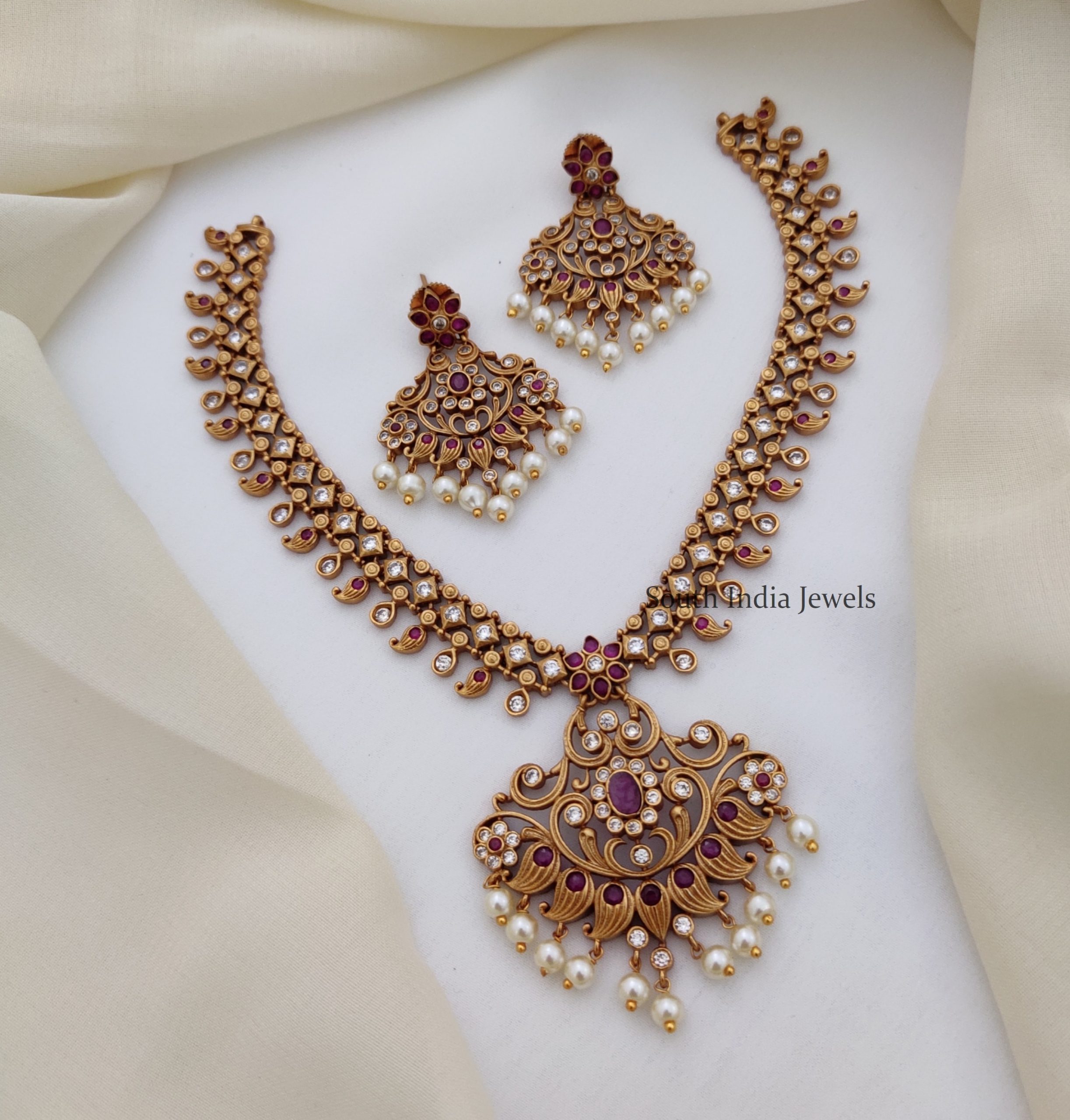 Trendy Ruby and White AD Necklace - South India Jewels