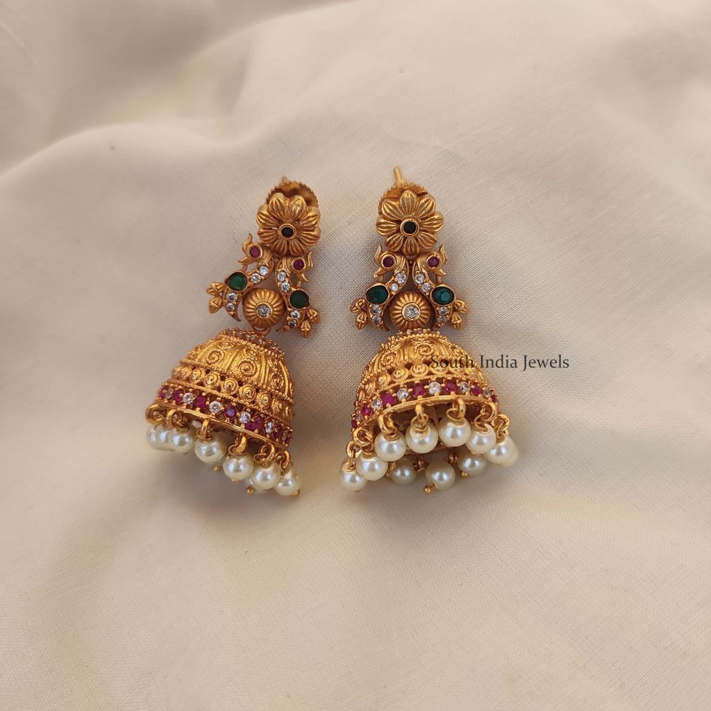 Unique Dual Peacock Flower Design Jhumkas - South India Jewels