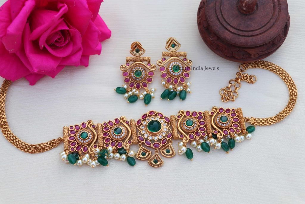Beautiful Multi Stone with Emerald Hanging Choker - South India Jewels