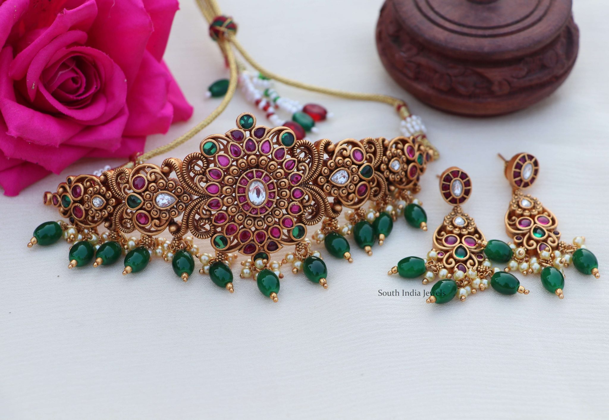 Bridal Unique Design Kemp Choker - South India Jewels