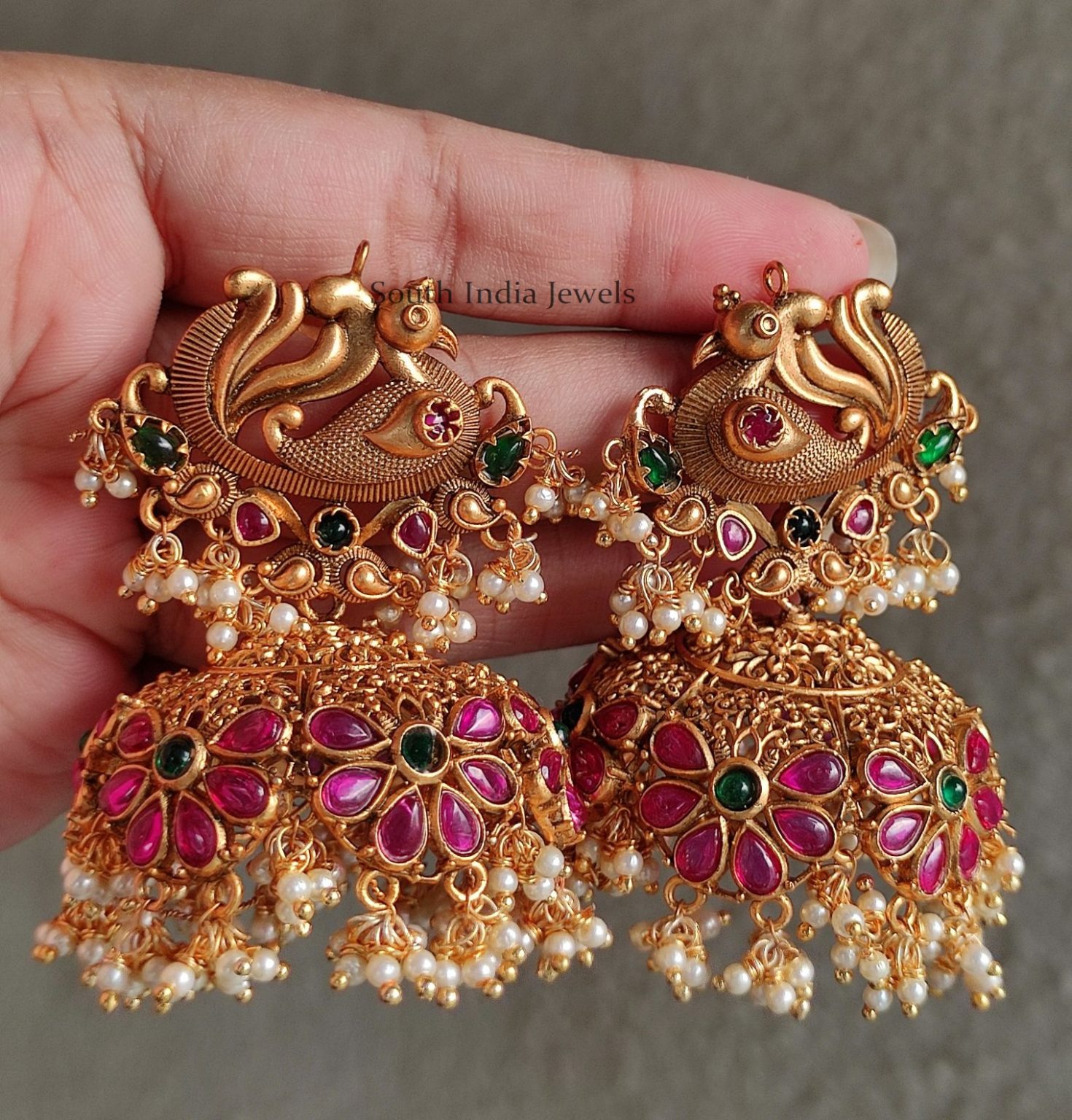 Cute Bridal Peacock Design Jhumkas - South India Jewels