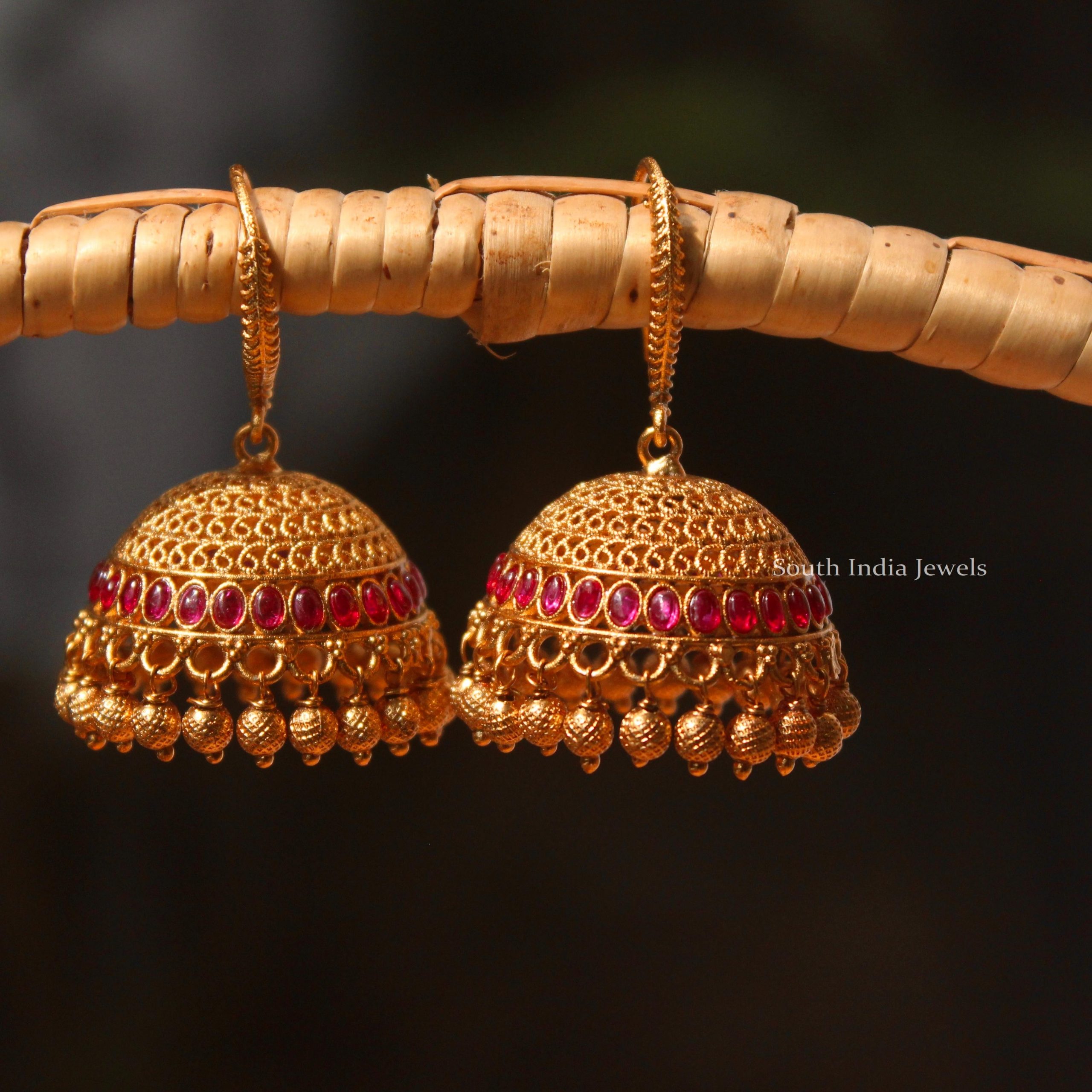 Lovely Golden Beads Ruby Jhumka