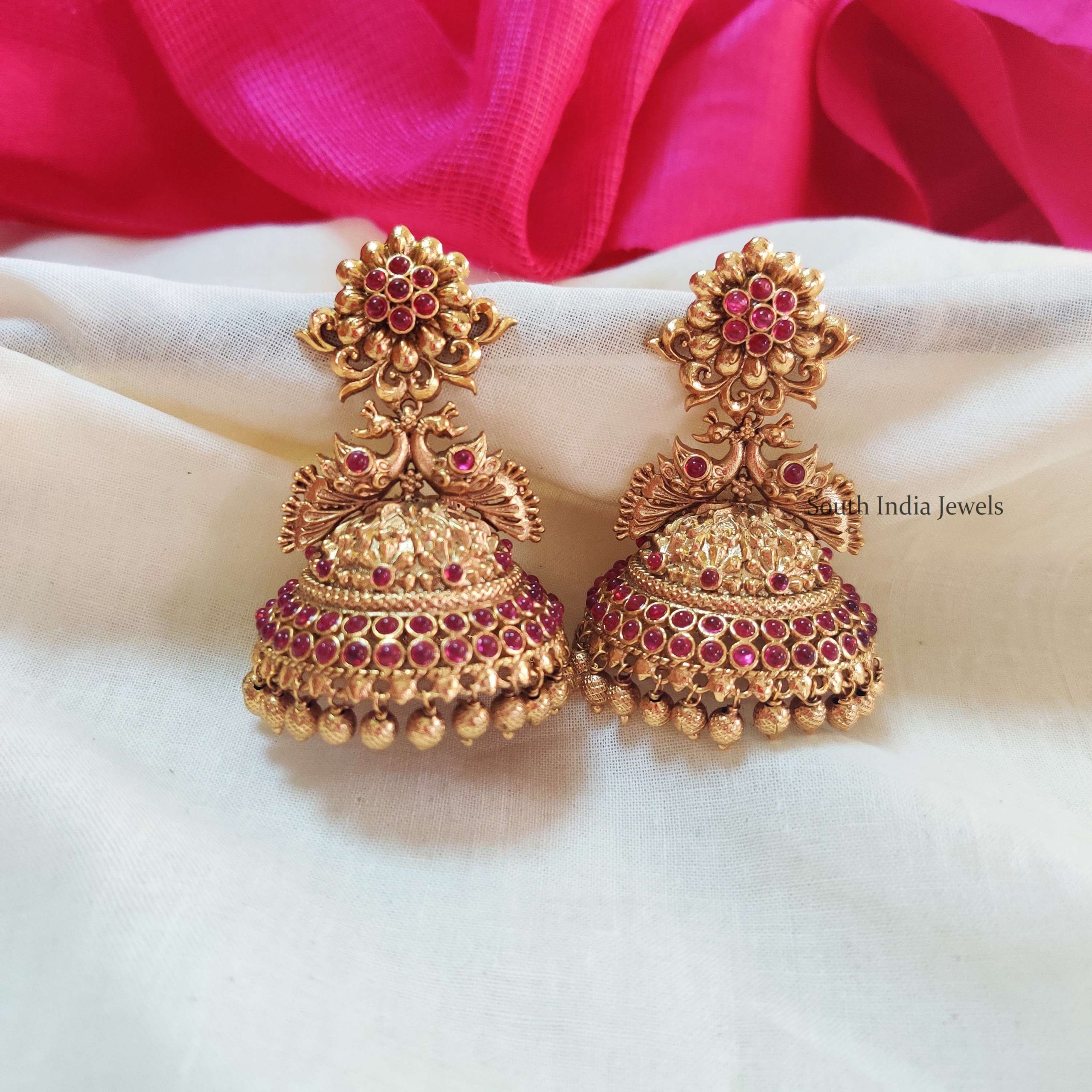 Pretty Floral Peacock Jhumkas - South India Jewels
