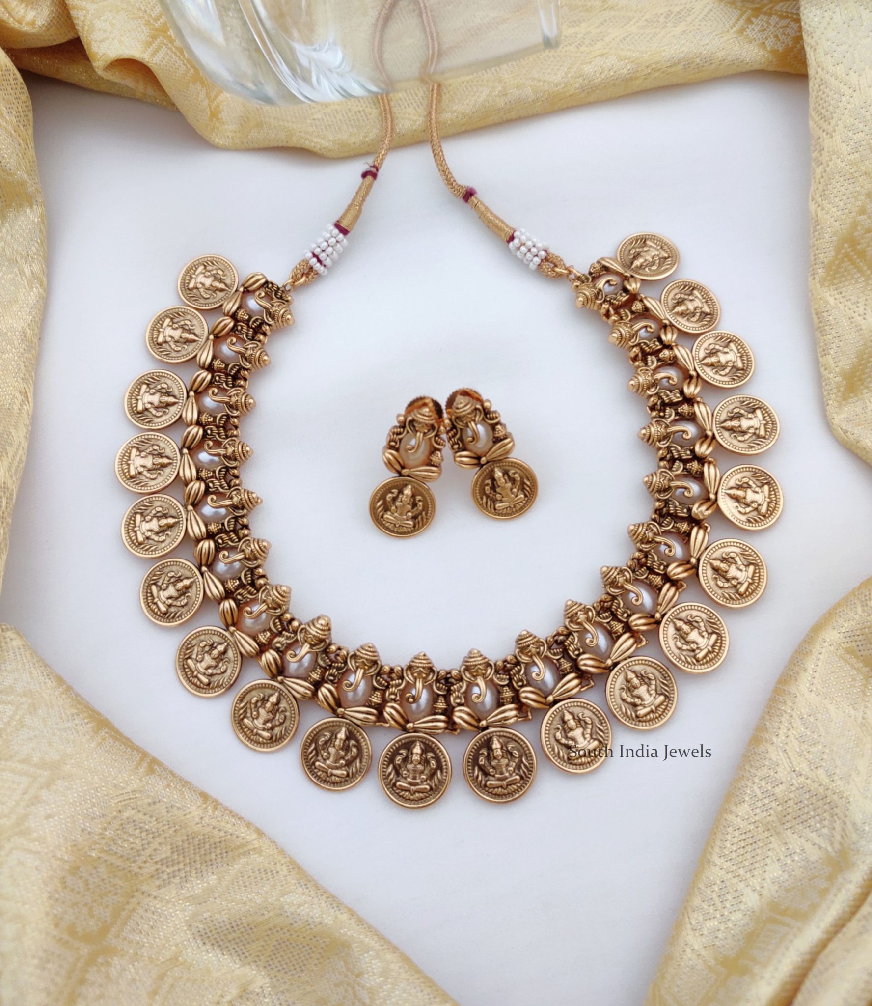 Traditional Ganesh Lakshmi Coin Necklace - South India Jewels