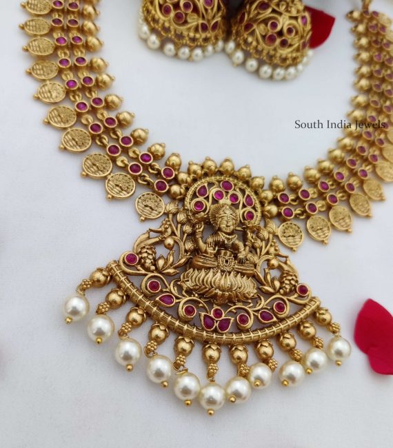 Traditional Lakshmi Design Ruby Necklace - South India Jewels