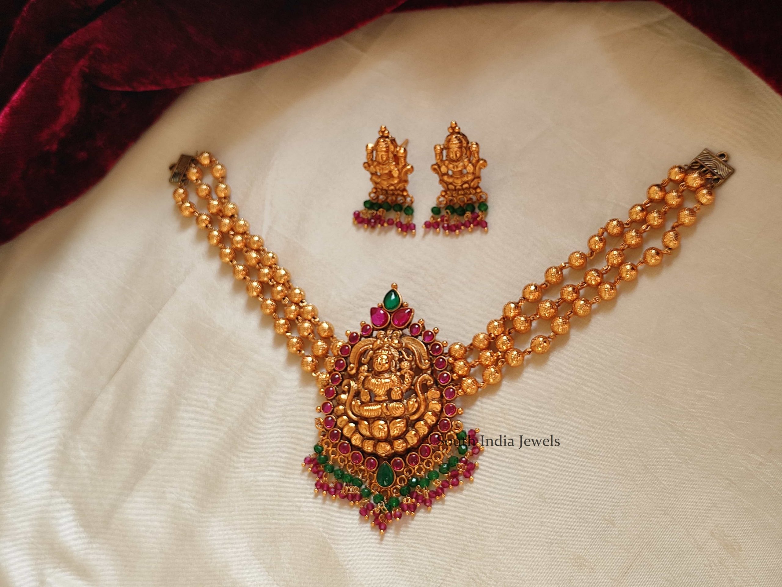 Trendy Golden Beads Lakshmi Pendant Choker