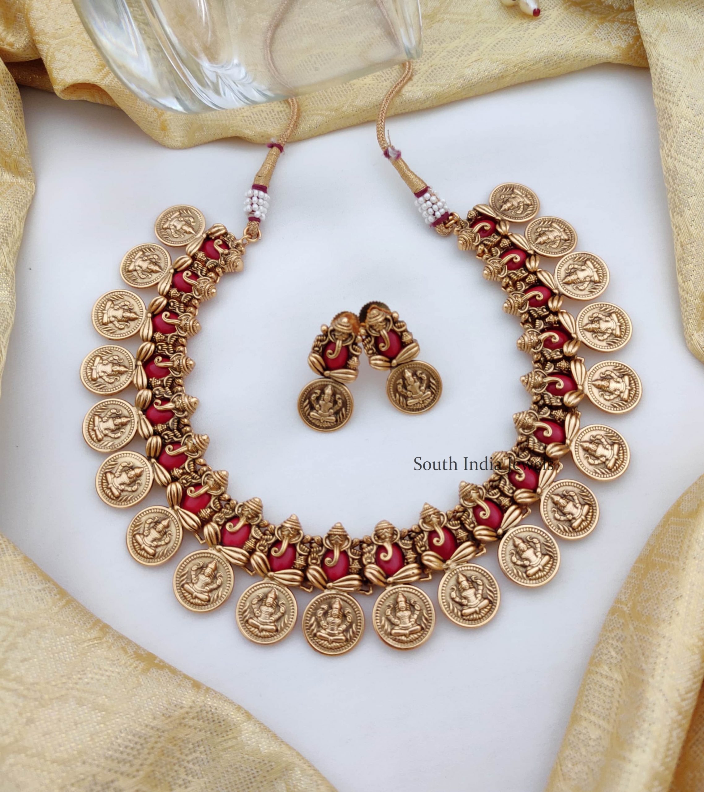 Unique Red Ganesha & Lakshmi Coin Necklace