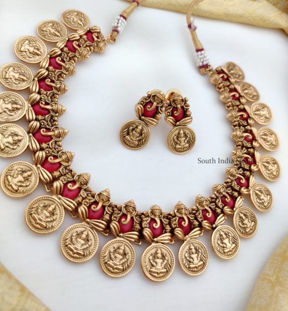 Unique Red Ganesha & Lakshmi Coin Necklace